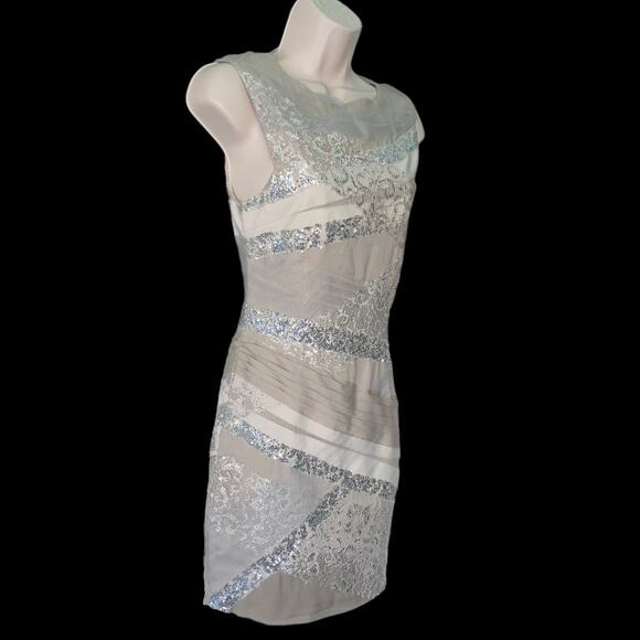 550 Alice + Olivia lace sequins tulle and silk oyster sliver sheath dress Size 0 - Picture 3 of 12